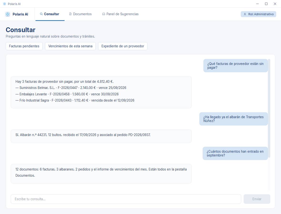 Pantalla Consultar de Polaris AI. Escrita a mano la pregunta «¿Qué facturas de proveedor están sin pagar?», Polaris responde con tres facturas de ejemplo, su importe y su fecha de vencimiento.