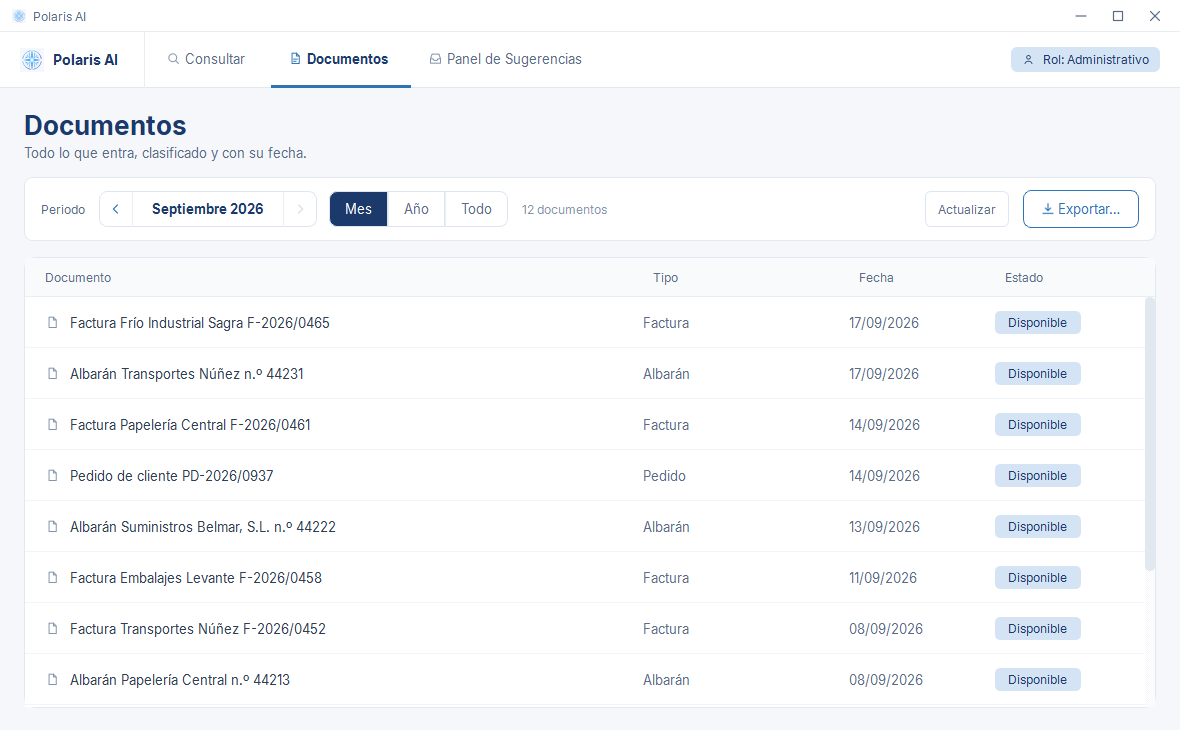 Pantalla Documentos de Polaris AI. Listado de los documentos de un mes con su tipo —factura, pedido, albarán—, su fecha y su estado, con el selector de periodo y el botón de exportar.