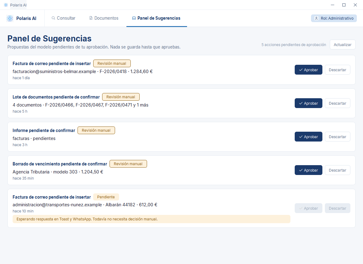 Panel de Sugerencias de Polaris AI. Cinco propuestas pendientes de aprobación; cada una indica sobre qué documento actúa y ofrece los botones Aprobar y Descartar.