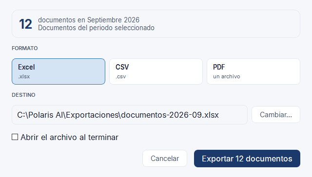 Diálogo Exportar de Polaris AI. Doce documentos del periodo seleccionado, con la elección de formato —Excel, CSV o PDF—, la carpeta de destino y el botón de exportar.
