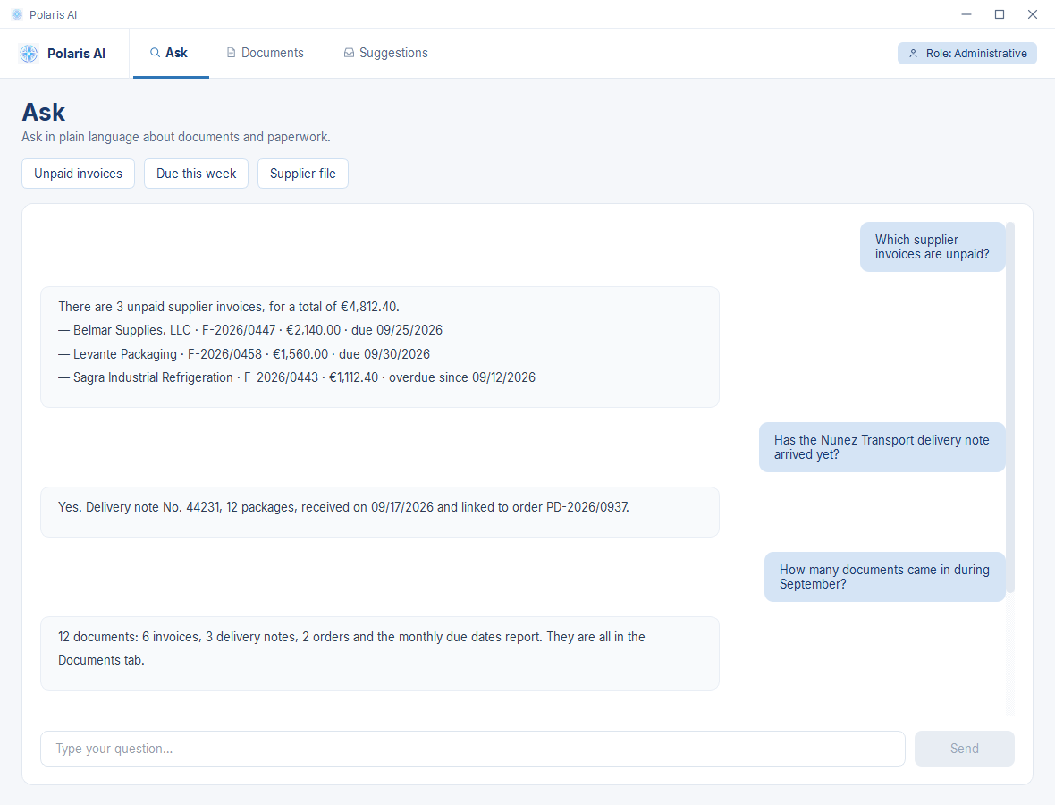 Polaris AI Ask screen. The question “Which supplier invoices are unpaid?” has been typed in, and Polaris replies with three sample invoices, their amounts, and their due dates.