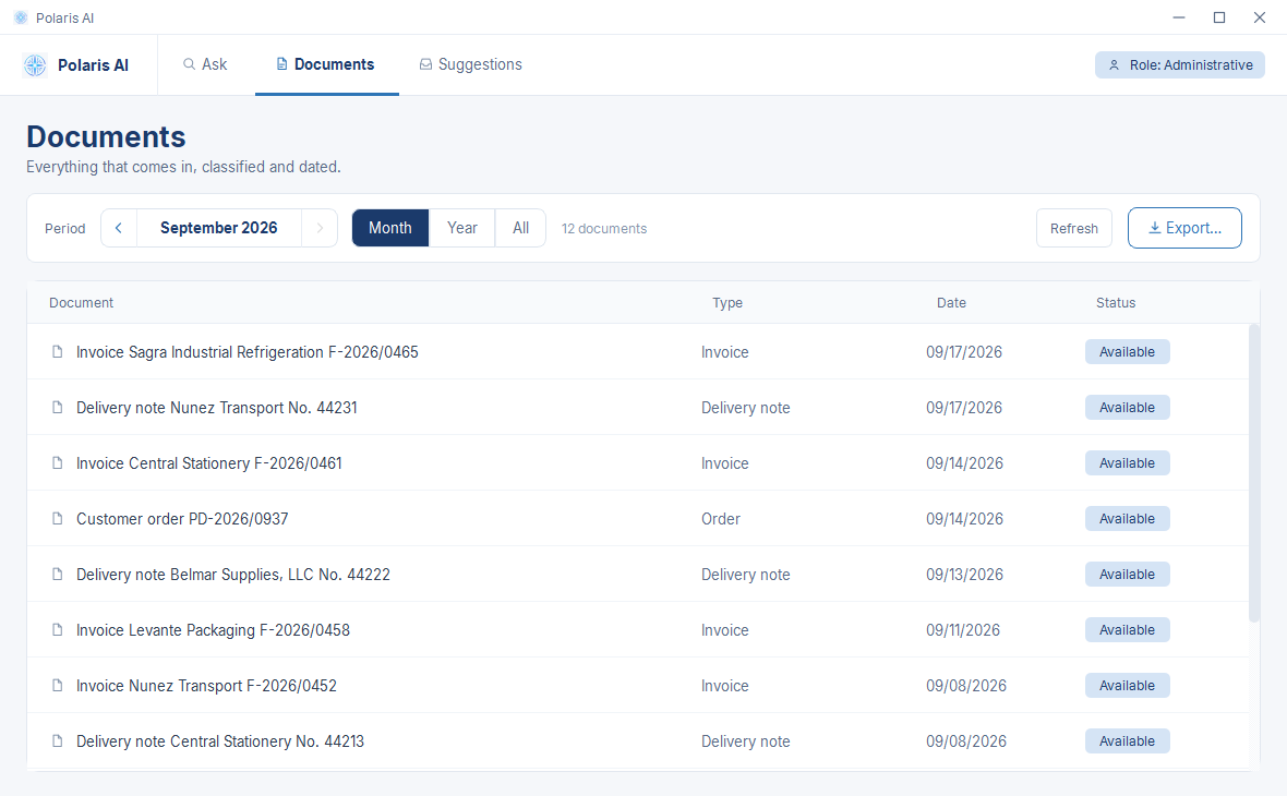 Polaris AI Documents screen. A list of one month’s documents with their type — invoice, order, delivery note — their date, and their status, with the period selector and the export button.