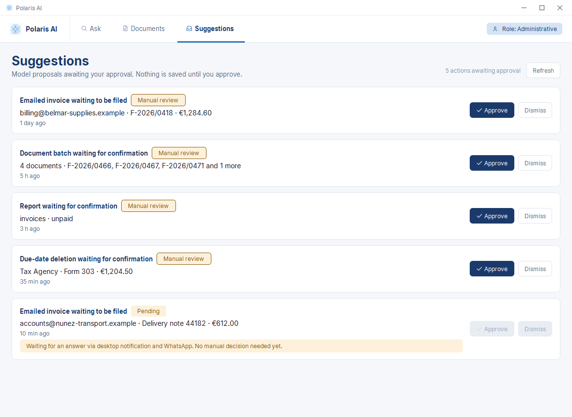 Polaris AI Suggestions panel. Five proposals awaiting approval; each one states which document it acts on and offers Approve and Discard buttons.