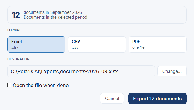 Polaris AI Export dialog. Twelve documents from the selected period, with the choice of format — Excel, CSV, or PDF — the destination folder, and the export button.