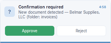 Polaris AI approval notice on the desktop: “Confirmation required · New document detected — Belmar Supplies, LLC (folder: invoices)”, with the Approve and Reject buttons.